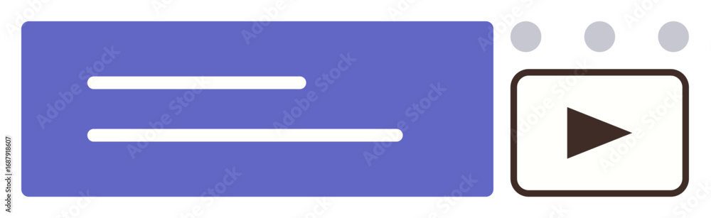 Aufkleber play button alongside text blocks and menu dots, symbolizing streaming, tutorials, or presentations.