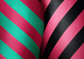 Fototapeta premium Close-up of two fabrics, one teal and pink, the other black and pink, both with diagonal stripes