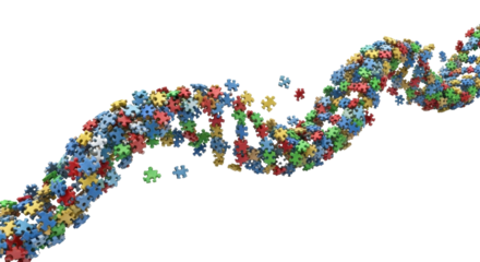 Colorful jigsaw puzzle pieces forming a DNA double helix, some pieces detached, suggesting genetic complexity or research.