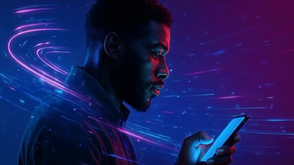 Side view of a man using a smartphone, surrounded by neon light trails. Futuristic video concept with dynamic, swirling effects. - Powered by Adobe