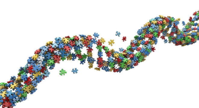 Colorful jigsaw puzzle pieces forming a DNA double helix, some pieces detached, suggesting genetic complexity or research.