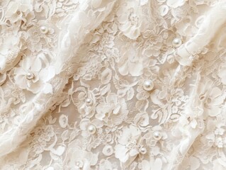 Obraz premium Elegant Cream Lace Fabric Adorned with Pearls: A Detailed Look at the Intricate Floral Design and Luxurious Texture, Showcasing Timeless Sophistication and Delicate Beauty.