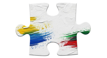 A single jigsaw puzzle piece adorned with vibrant paint strokes, symbolizing unity and creativity.