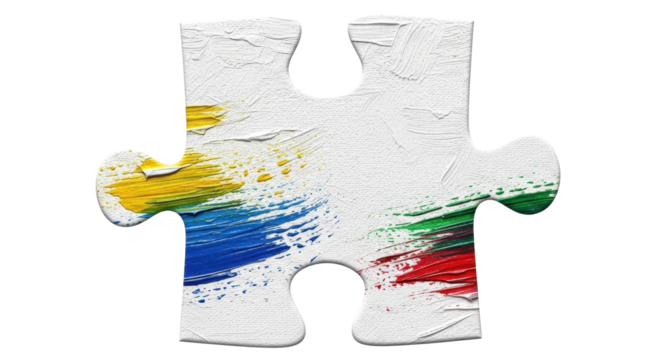 A single jigsaw puzzle piece adorned with vibrant paint strokes, symbolizing unity and creativity.