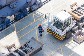 Naklejka premium Balboa, Panama - aerial view over the port container terminal with walking port employee and terminal equipment. 
