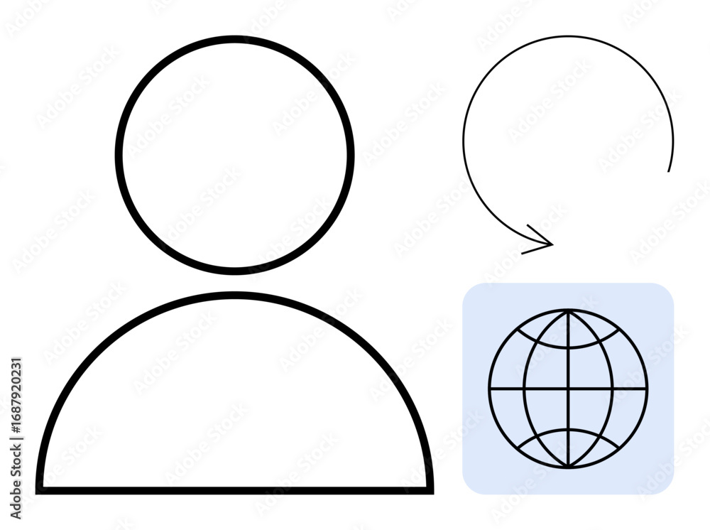 Aufkleber simple user figure in black outline next to a refresh rotation arrow and global grid icon, represent