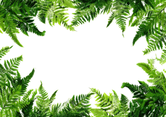 Lush green fern leaves frame a black void