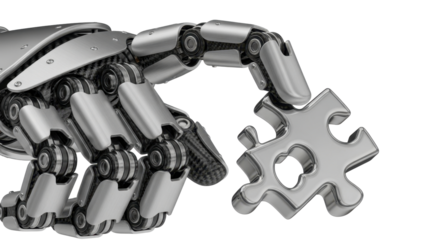 A metallic robot hand carefully places a puzzle piece, symbolizing technological problem-solving.