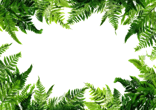 Lush green fern leaves frame a black void