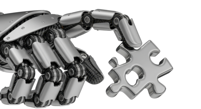 A metallic robot hand carefully places a puzzle piece, symbolizing technological problem-solving. - Powered by Adobe