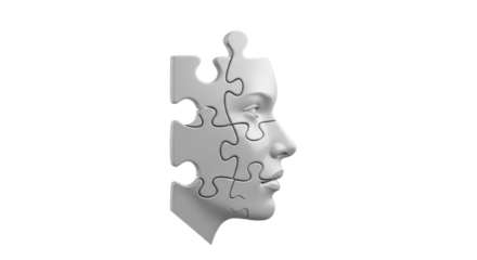A grayscale profile of a human head, partially composed of interlocking puzzle pieces, suggesting the complexity of identity or the human mind.