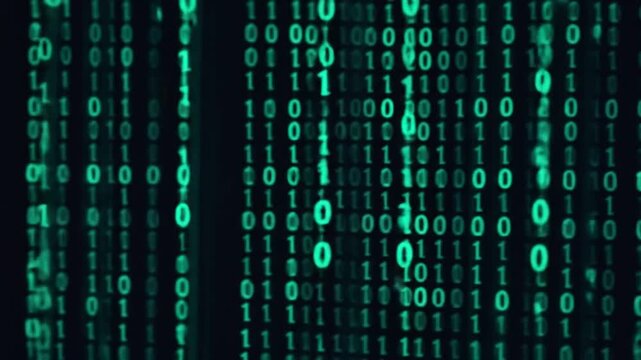 Column aqua binary digits scroll up Matrix style near black depth of field smooth bokeh. 4k video
