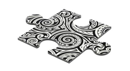 A single black and white jigsaw puzzle piece features intricate Maori-inspired swirling patterns.