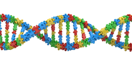Colorful jigsaw puzzle pieces forming a DNA double helix, symbolizing genetic diversity and complexity.