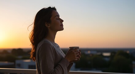 Serene woman holding a mug, enjoying a peaceful sunset from a balcony overlooking a cityscape; profile view; warm sunset tones;