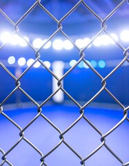 Naklejka premium Blurry view of a fight cage interior through a chain-link fence
