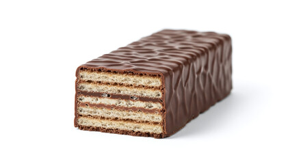 A close up view of a chocolate covered wafer bar on a white background in a studio shot