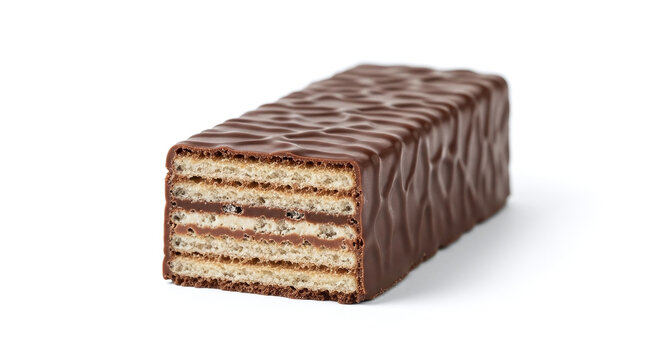 A close up view of a chocolate covered wafer bar on a white background in a studio shot