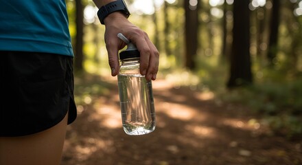 Close-up of a runner's hand holding a clear water bottle during a trail run in a sun-dappled forest, conveying a healthy and