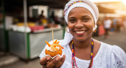 Smiling woman holding acarajé with shrimp at outdoor market on a sunny day in salvador bahia