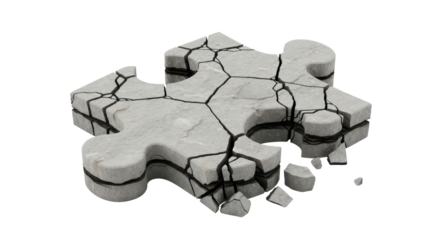 A fractured, concrete jigsaw puzzle piece crumbles apart, symbolizing disintegration and incompleteness.