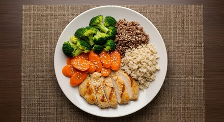 High-angle close-up of a balanced meal plate featuring grilled chicken breast, brown rice, broccoli, and carrots,  with warm,