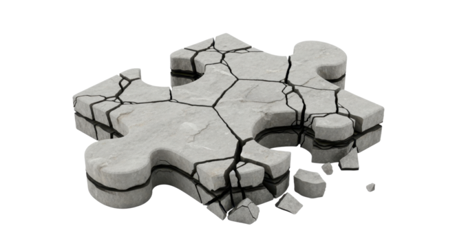 A fractured, concrete jigsaw puzzle piece crumbles apart, symbolizing disintegration and incompleteness.
