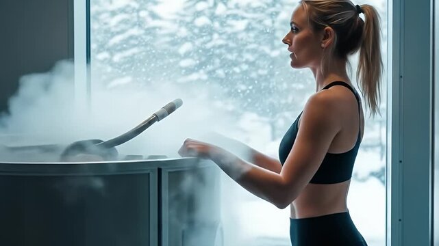 Woman in Cryosauna for Whole Body Cryotherapy Treatment with Nitrogen Vapor for Muscle Recovery and Health and Wellness in Enclosed White Interior Space with Snowfall Background