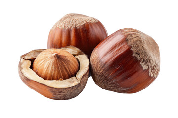 Obraz premium Three hazelnuts, one split open, showcasing the nut inside
