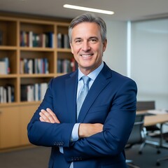 Fototapeta premium Confident Mature Businessman with Arms Crossed Smiling in Office Environment Portrait