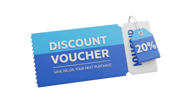 A blue discount voucher with a 20% off tag, promising savings on a future purchase.
