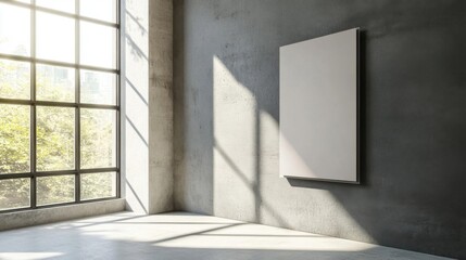 Fototapeta premium Sunlight Shines in Empty Room with Wall Art and Mockup Frame, Interior Design