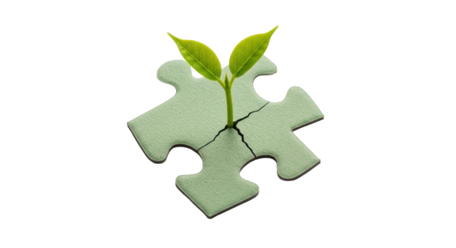 A green sprout growing from a cracked jigsaw puzzle piece, symbolizing growth.