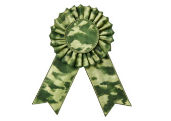 A rosette ribbon, patterned with a light and dark green camouflage, is centered on a black background
