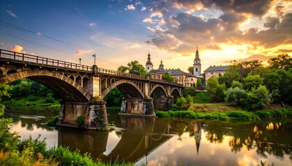 A serene landscape featuring a historical bridge spanning a calm river reflecting the sky. 