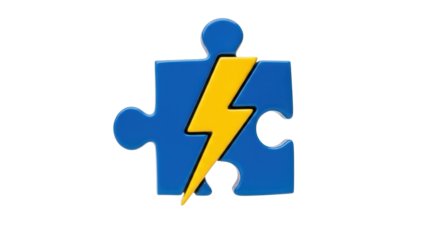 A blue puzzle piece with a yellow lightning bolt, symbolizing a solution or power.
