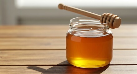 Organic Honey Jar with Wooden Dipper on Wooden Table in Bright Natural Light