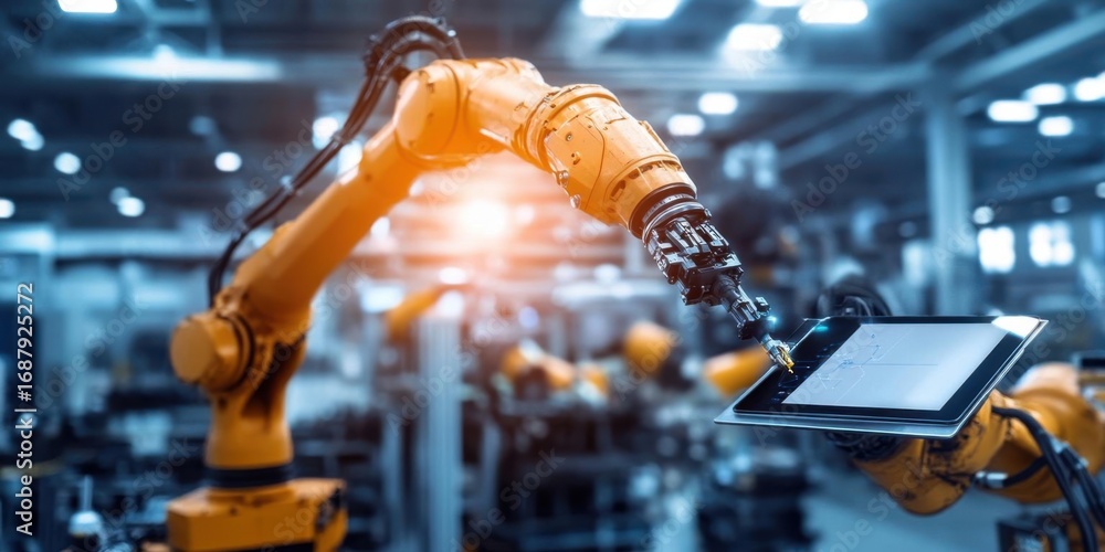 Poster automated arm operates with tablet in factory, for advanced technology