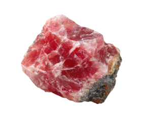 Close-up of a raw, vibrant pink mineral specimen.  Rough, uneven surface with visible crystals.  Deep crimson hue, contrasting with dark gray inclusions.  Isolated on black background