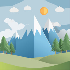 Paper Cut Nature Scene Featuring Mountain Landscape, Vector Illustration, Serene Outdoor Environment