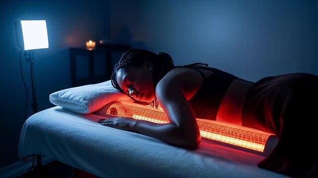 Woman Undergoing Red Light Therapy on Massage Table in Dimly Lit Spa with Back Focus and Gentle Lighting for Relaxation and Muscle Recovery in Dark Background at Eye Level