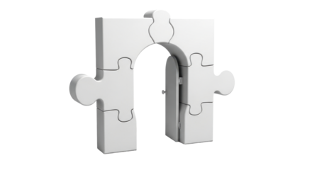 Three-dimensional white puzzle pieces forming an archway, symbolizing connection and completion.