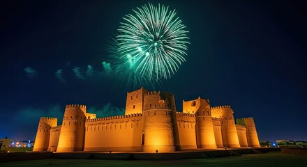 Spectacular green fireworks exploding over an ancient illuminated Arabian fortress at night during a festive celebration