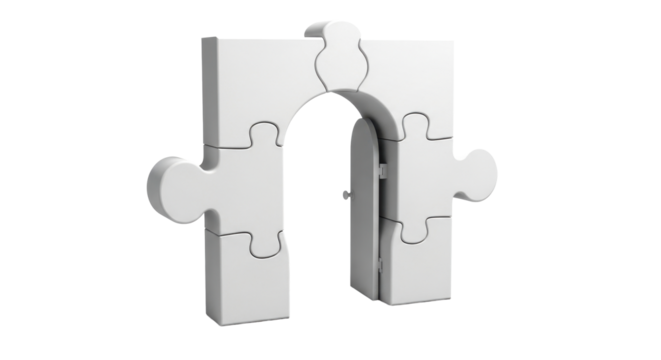 Three-dimensional white puzzle pieces forming an archway, symbolizing connection and completion.