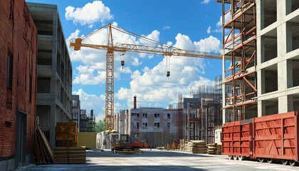 Fototapeta premium The illustration shows an urban construction site with a large yellow crane, unfinished buildings, and various construction materials and equipment.