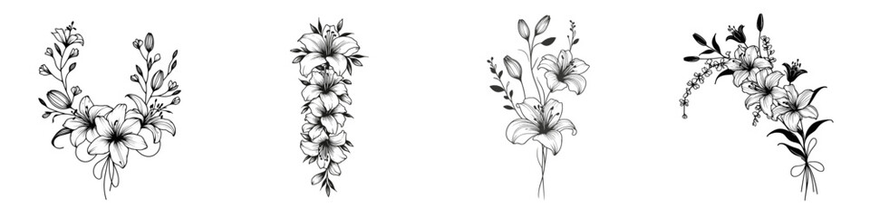 Fototapeta premium Black line art of lily bouquets and garlands, elegant floral collection on white background, minimal wedding style