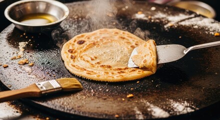 Golden brown layered paratha sizzling on a hot tawa, a classic Asian street food being prepared