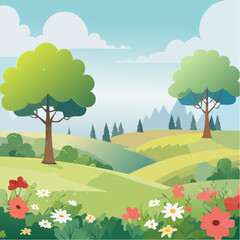 Obraz premium Lush Forest Landscape with Elevated Grass, Watercolor Botanical Illustration for Architectural Design, Autumn Garden Elements Featuring Blooming Trees.