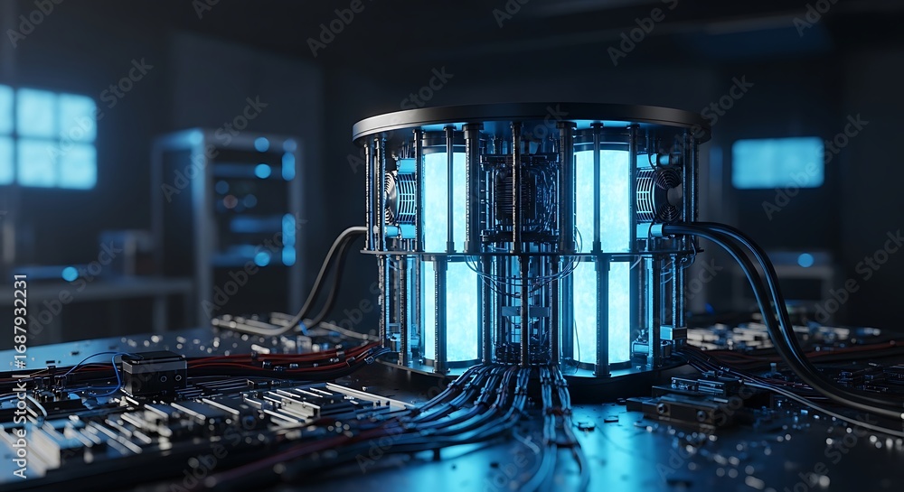 Aufkleber futuristic data processor with glowing blue core on circuit board in high-tech lab