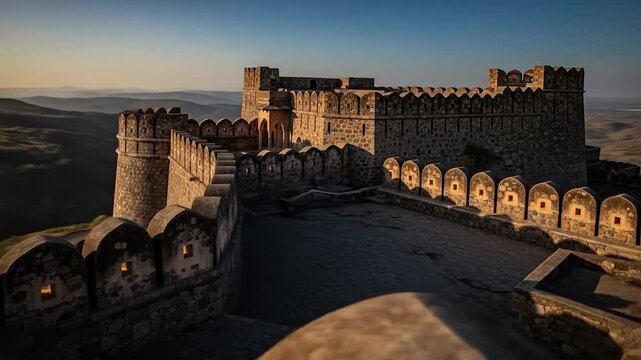 Ancient Taragarh Fort in Ajmer, India: Stone Walls, Battlements, and Panoramic Mountain Views at Sunset